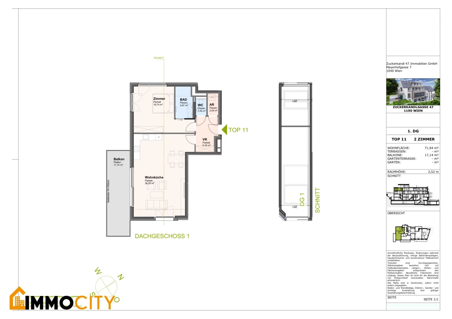 Grundriss Top 11 — Zuckerkandlgasse 47 — 2 Zimmer — 71,9 m² — 1st attic floor — Süd